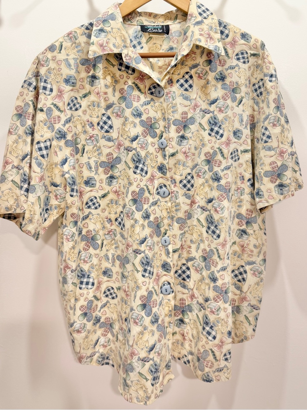 Vintage Michele Leslie Bear Heart Floral Cottagecore Button Down Shirt